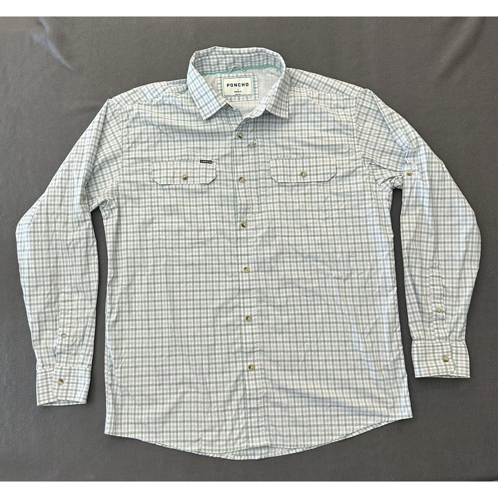 Poncho Men's The Amberjack Green Plaid Long Sleeve Shirt Size L Reg Fit Vented